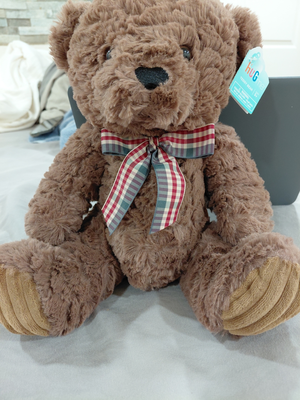 Plush Brown Teddy Bear with Plaid Bow